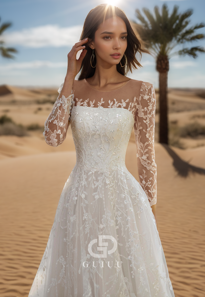 Long Sleeves Scoop Floral Appliques Corset Lace Wedding Dress