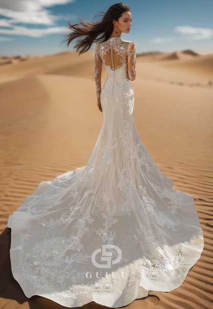 High Neck Long Sleeves Empire-Waist Lace Mermaid Wedding Dress