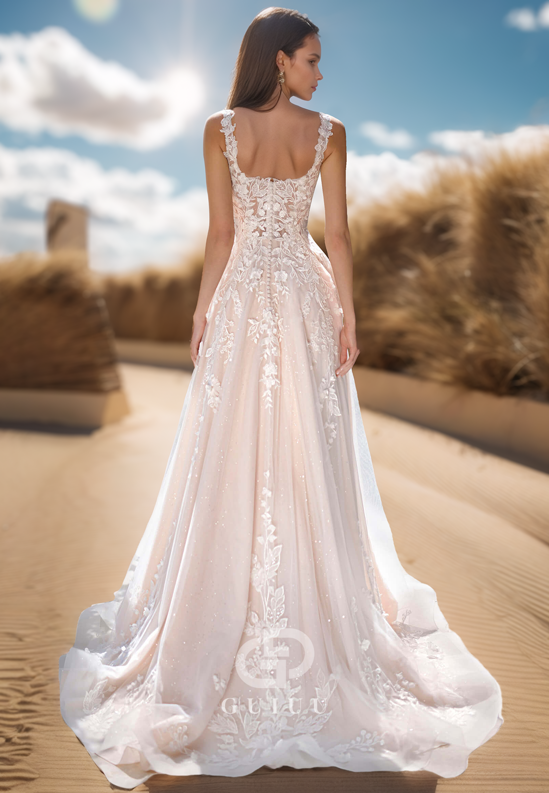 Charming A-Line Spaghetti Straps Square Corset Tulle Lace Wedding Dress