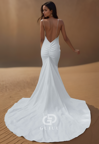 Spaghetti Straps V-Neck Backless Satin Mermaid Wedding Dress