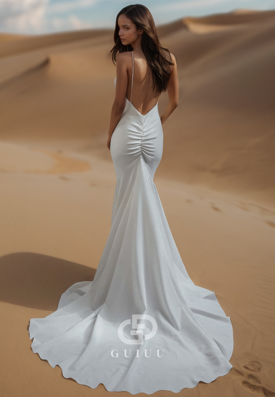 Spaghetti Straps V-Neck Backless Satin Mermaid Wedding Dress