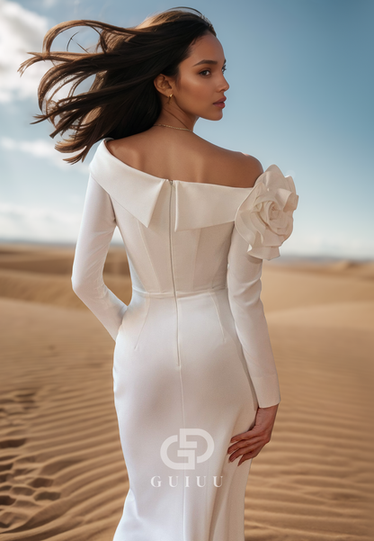 Elegant Long Sleeves Off-Shoulder Floral Appliques Satin Wedding Dress