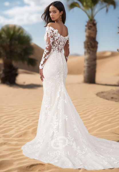 Long Sleeves Off-Shoulder Floral Appliques Floor-Length Lace Wedding Dress