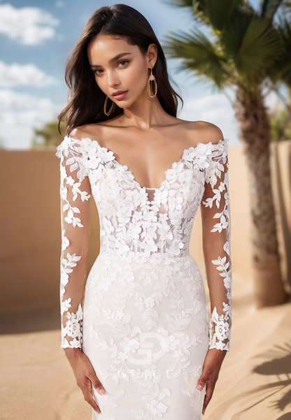 Long Sleeves Off-Shoulder Floral Appliques Floor-Length Lace Wedding Dress