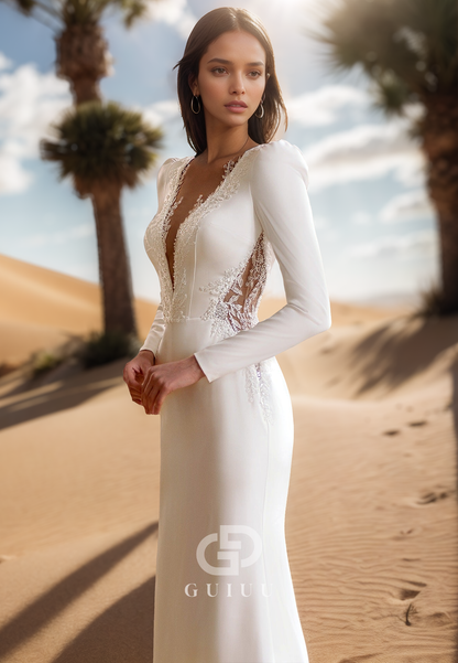 Deep V-Neck Long Sleeves Backless Satin Mermaid Wedding Dress