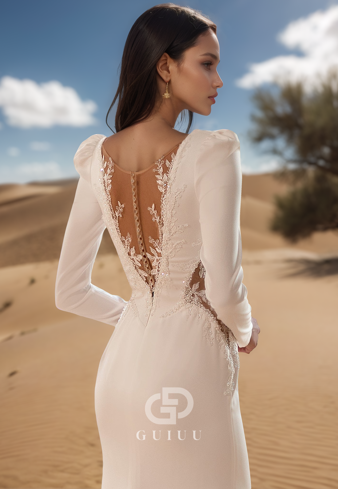 Deep V-Neck Long Sleeves Backless Satin Mermaid Wedding Dress