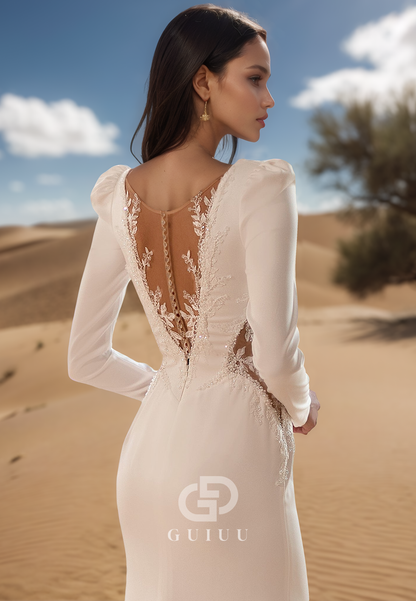 Deep V-Neck Long Sleeves Backless Satin Mermaid Wedding Dress