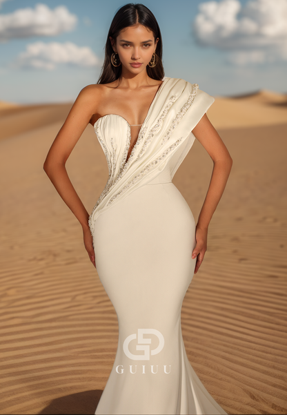 One Shoulder Sleeveless Corset Mermaid Satin Wedding Dress