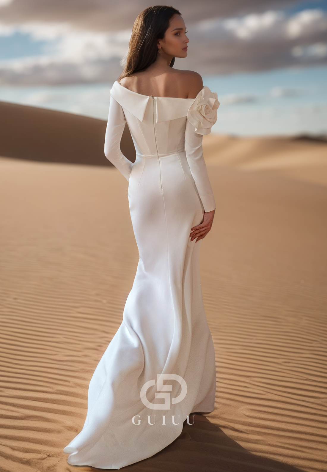 Elegant Long Sleeves Off-Shoulder Floral Appliques Satin Wedding Dress