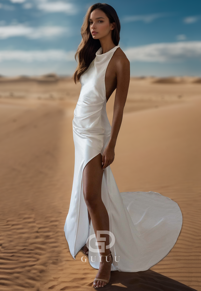 Halter Sleeveless Ruched Sweep Train Backless Sheath Wedding Dress