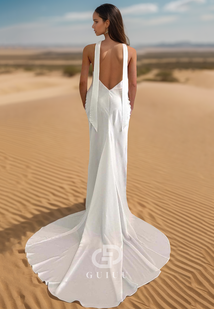 Halter Sleeveless Ruched Sweep Train Backless Sheath Wedding Dress