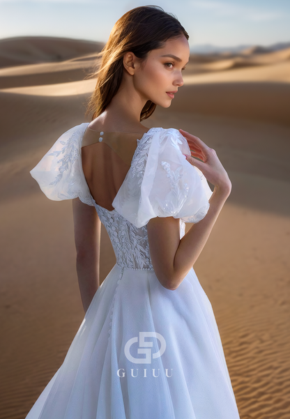 A-Line Short Sleeves Square Appliques Empire-Waist Lace Wedding Dress