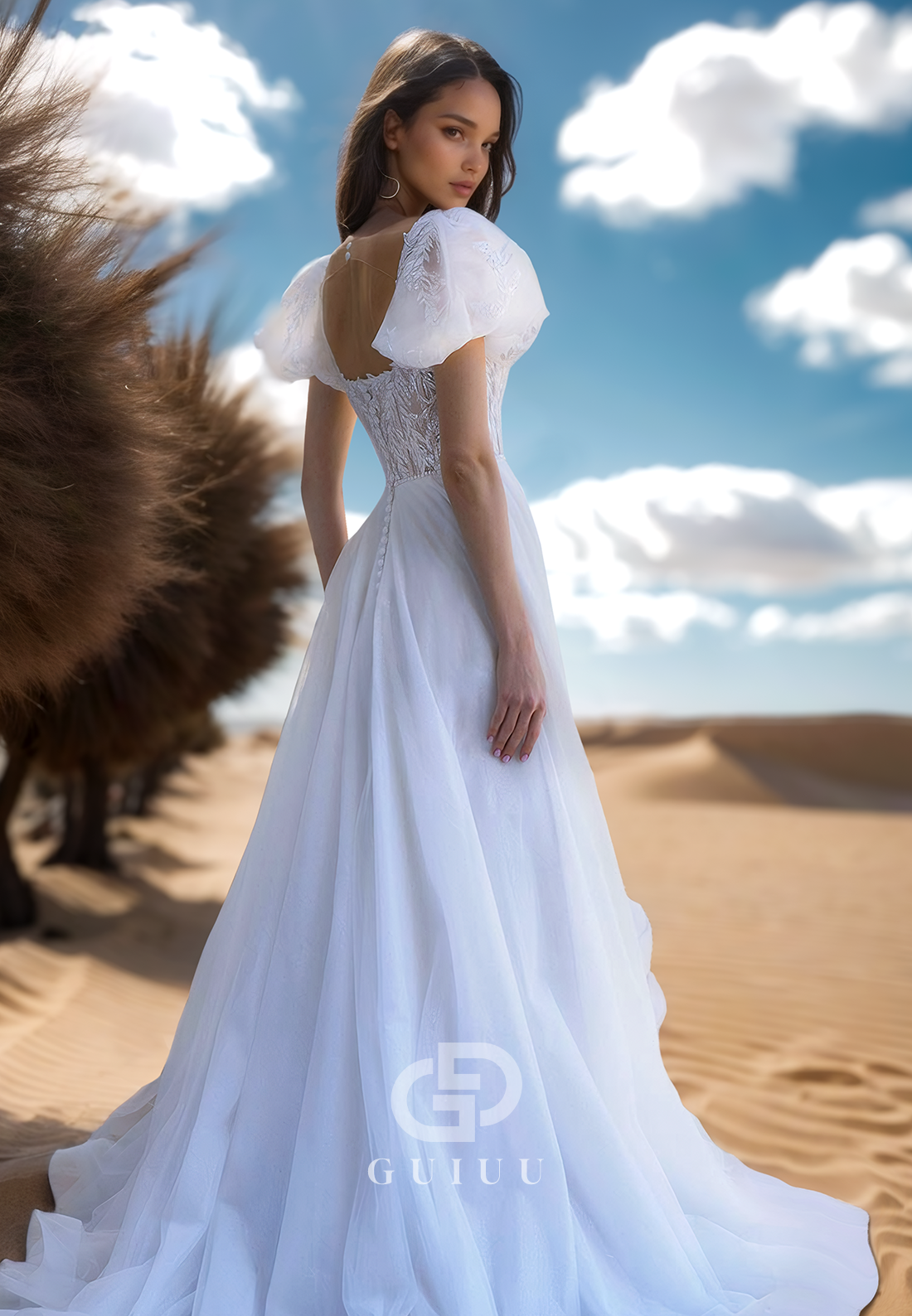 A-Line Short Sleeves Square Appliques Empire-Waist Lace Wedding Dress