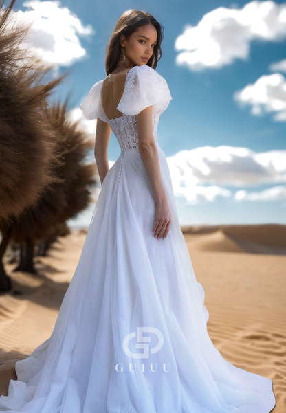 A-Line Short Sleeves Square Appliques Empire-Waist Lace Wedding Dress