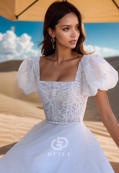 A-Line Short Sleeves Square Appliques Empire-Waist Lace Wedding Dress