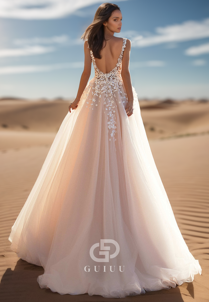 A-Line Spaghetti Straps V-Neck Floral Appliques Lace Wedding Dress