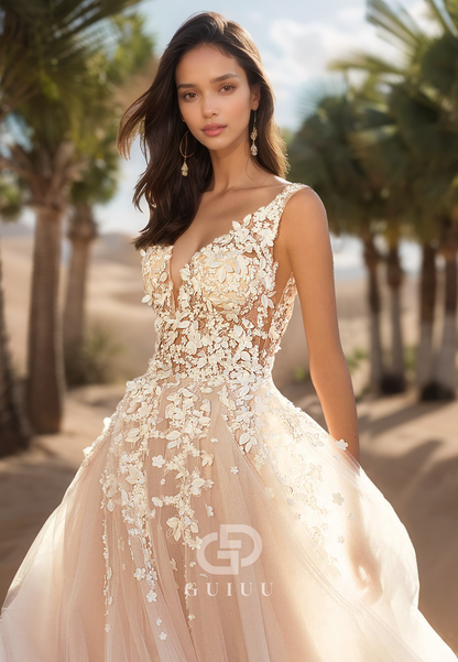 A-Line Spaghetti Straps V-Neck Floral Appliques Lace Wedding Dress