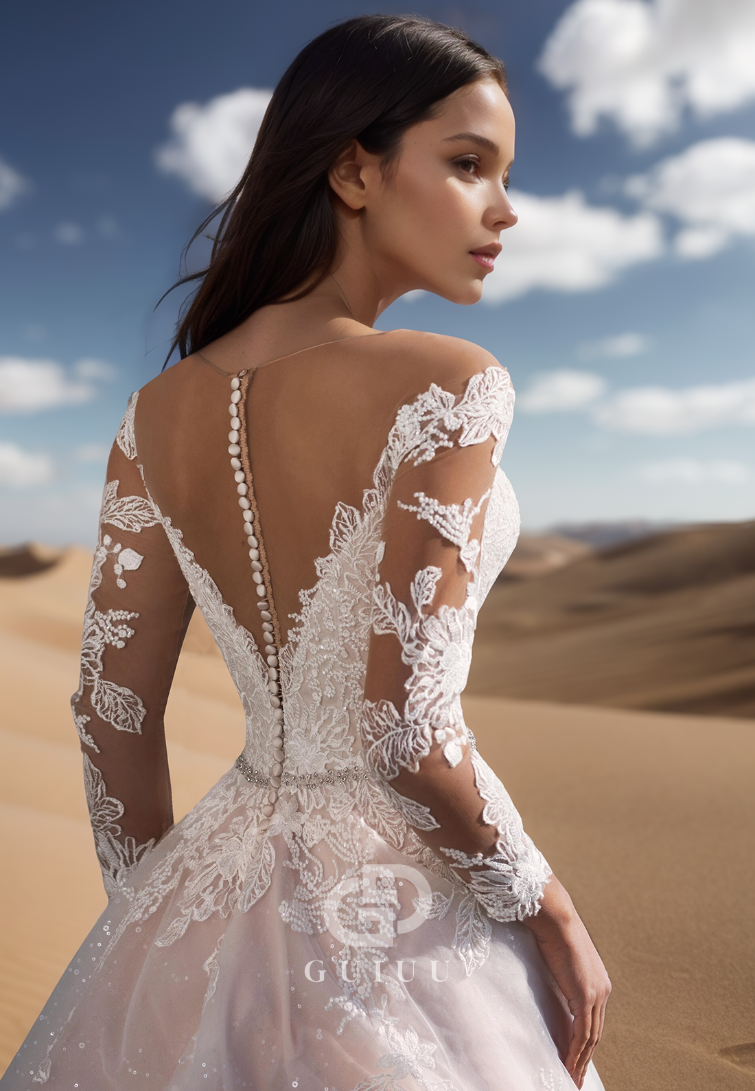 Long Sleeves Off-Shoulder Backless Sweep Train Lace Wedding Dress