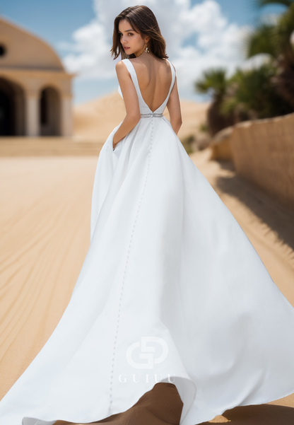 Simple A-Line Spaghetti Straps V-Neck Backless Satin Wedding Dress