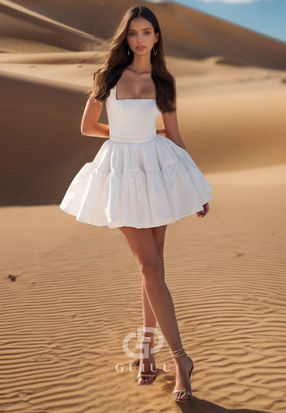 A-Line Spaghetti Straps Square Short Satin Wedding Dress