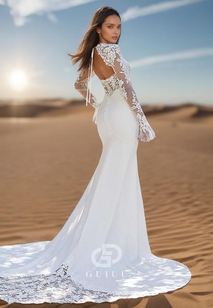 Elegant Long Sleeves Square Corset Tulle Mermaid Wedding Dress