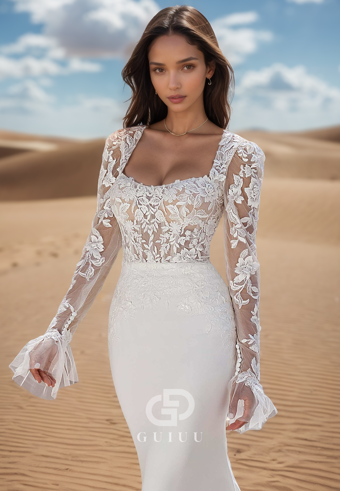 Elegant Long Sleeves Square Corset Tulle Mermaid Wedding Dress