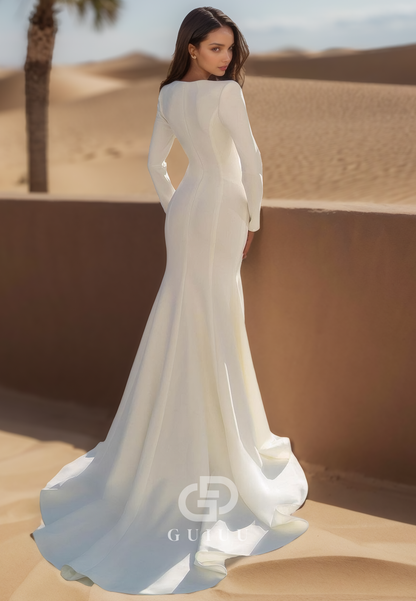 Long Sleeves V-Neck Sequins Satin Mermaid Wedding Dress