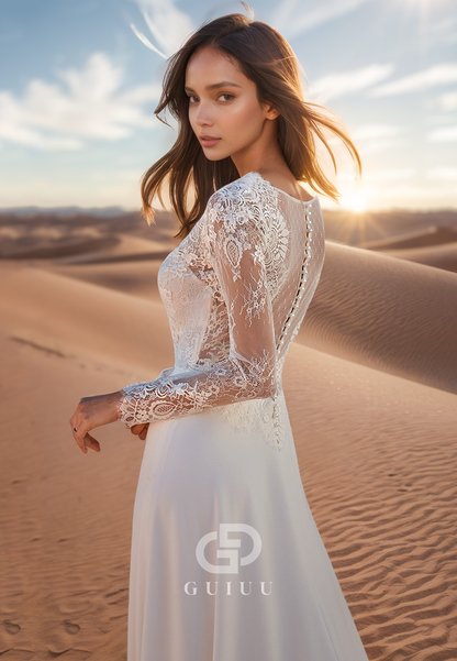 A-Line Long Sleeves V-Neck Empire-Waist Romantic Wedding Dress