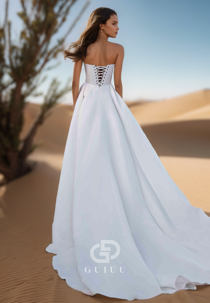 Simple A-Line Sleeveless Sweetheart Lace-Up Back Satin Wedding Dress