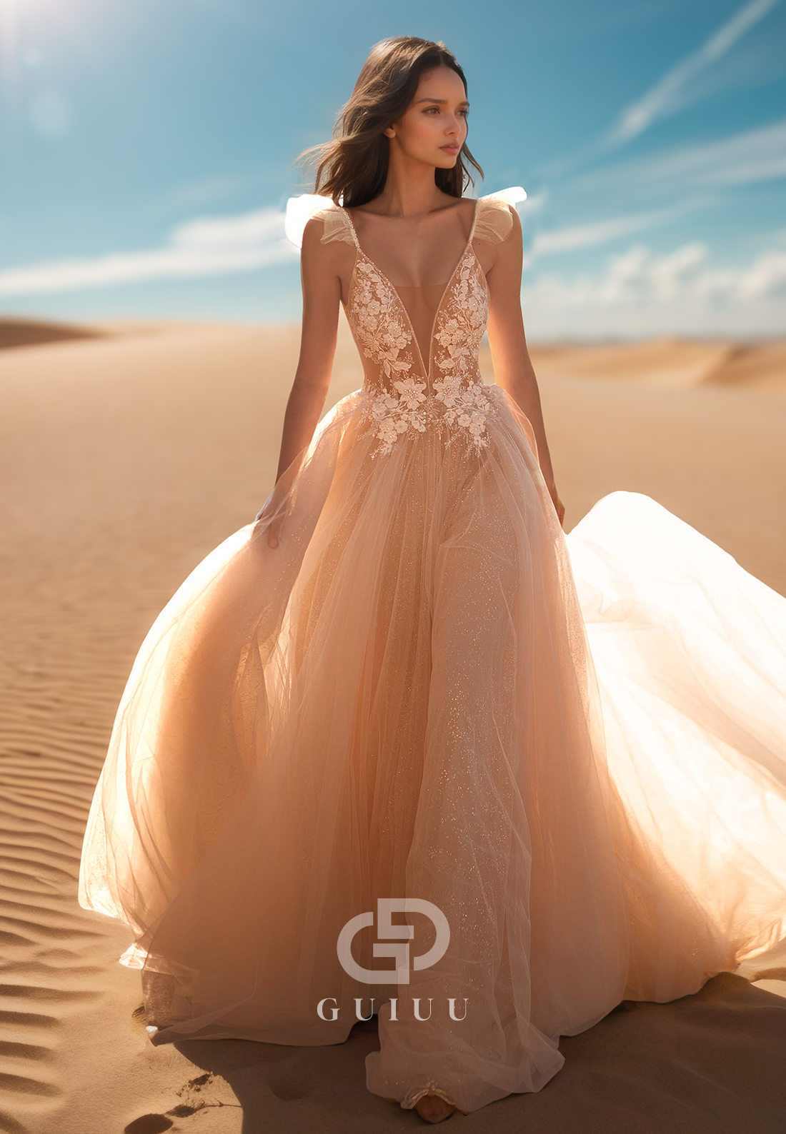 Deep V-Neck Spaghetti Straps Floral Appliques Lace Wedding Dress