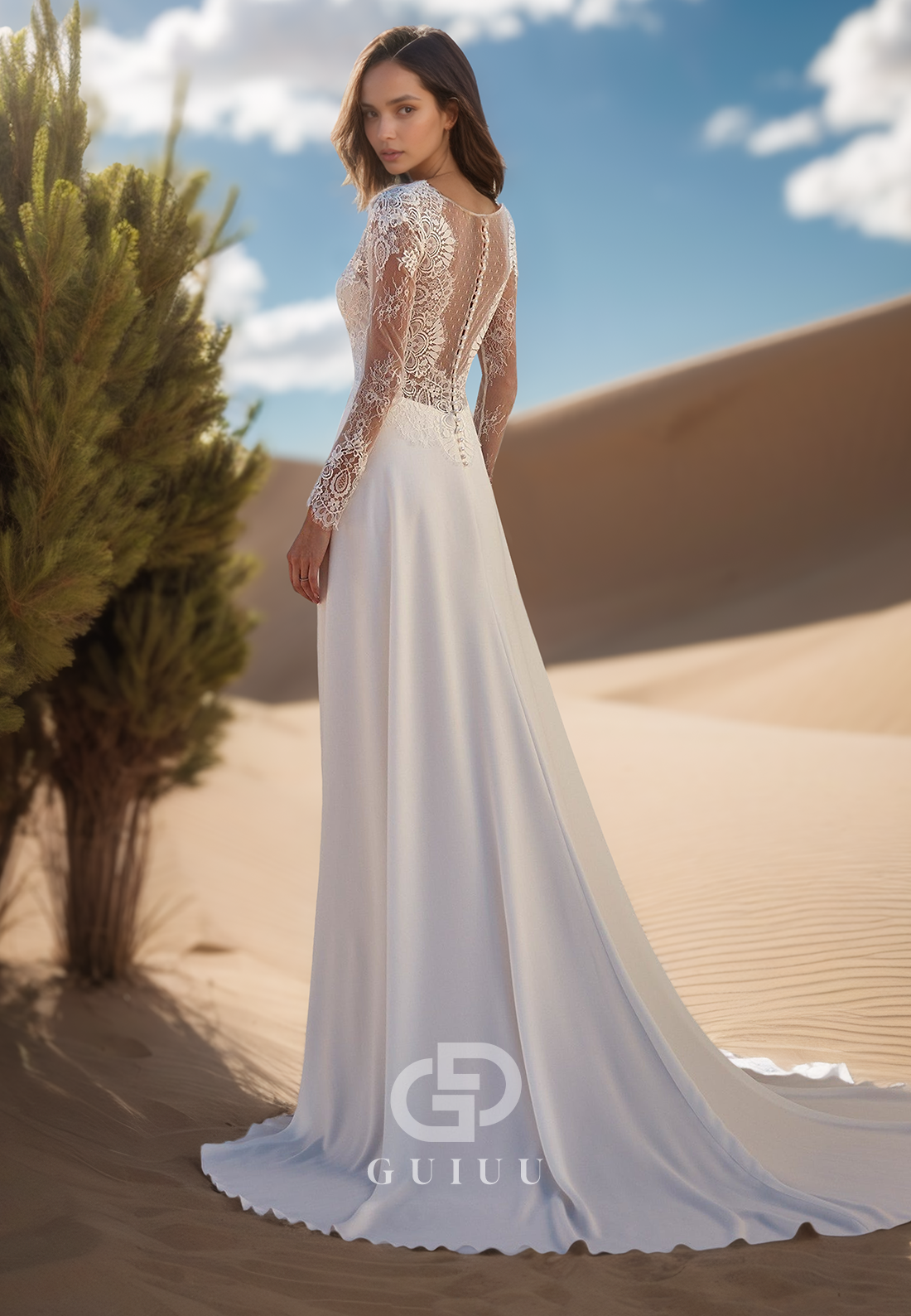 A-Line Long Sleeves V-Neck Empire-Waist Romantic Wedding Dress
