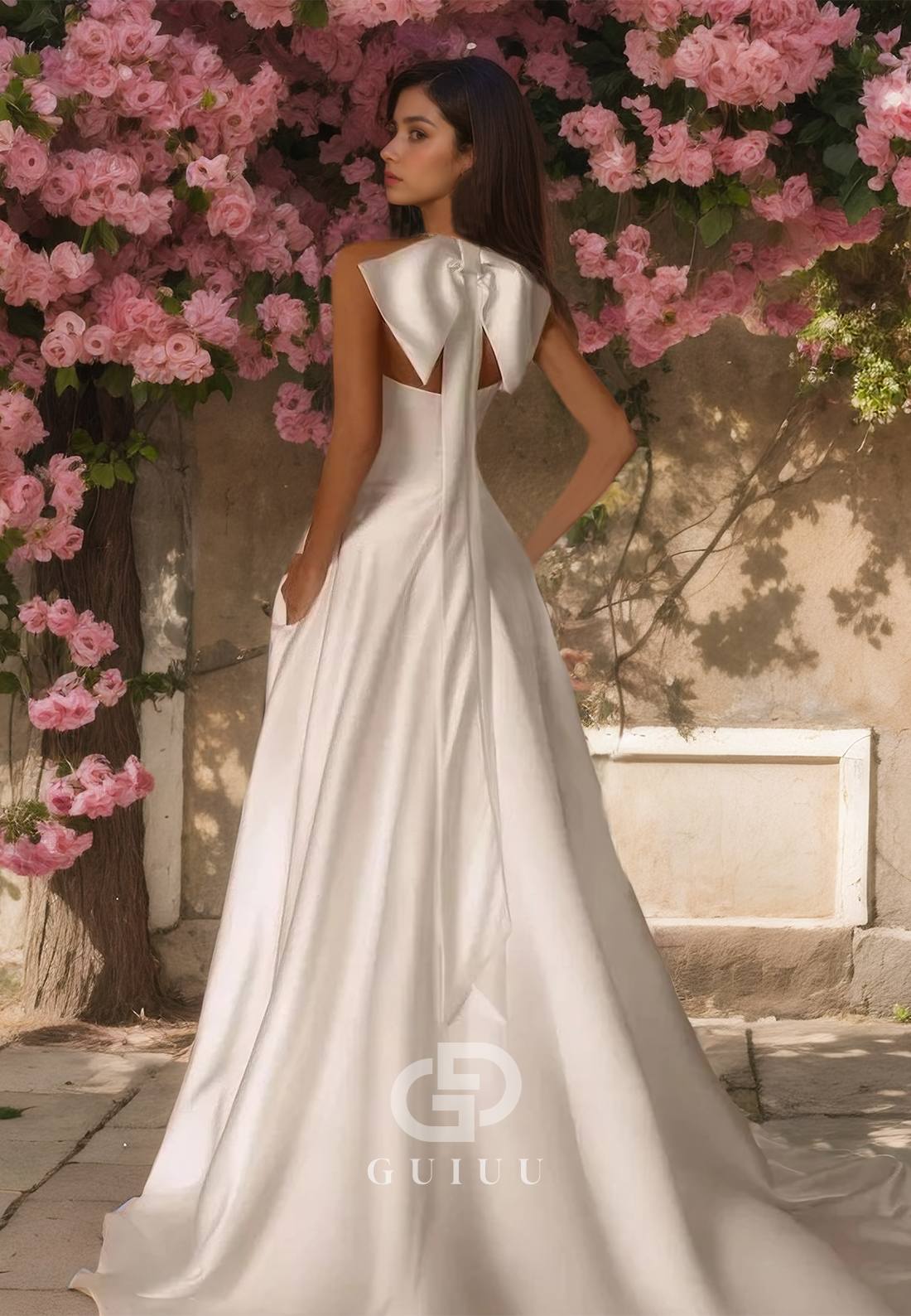GW724 - Chic & Modern A-Line Halter Pearls Draped Wedding Dress with High Side Slit and Bowknot