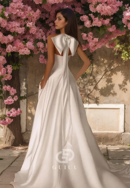 GW724 - Chic & Modern A-Line Halter Pearls Draped Wedding Dress with High Side Slit and Bowknot