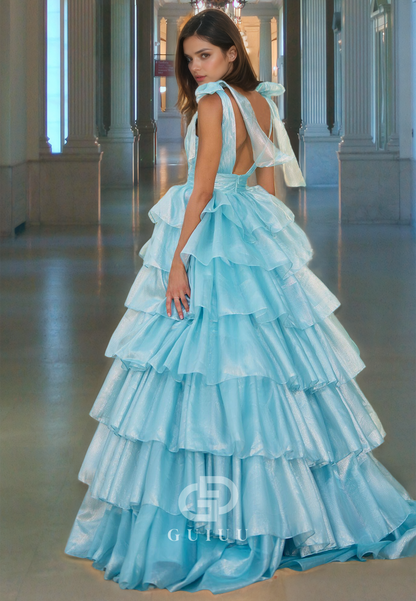 G4224 - Classic & Timeless Ballgown V-Neck Pleated Evening Gown Prom Dress with High Side Slit and Bows