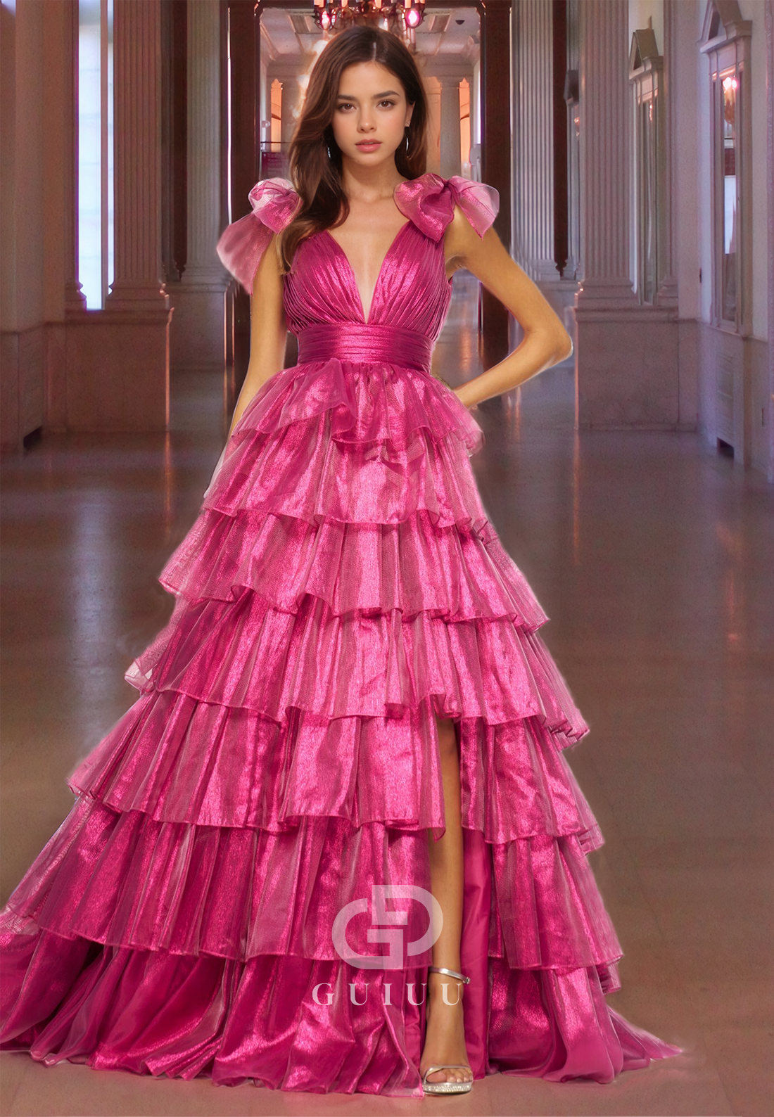 G4224 - Classic & Timeless Ballgown V-Neck Pleated Evening Gown Prom Dress with High Side Slit and Bows