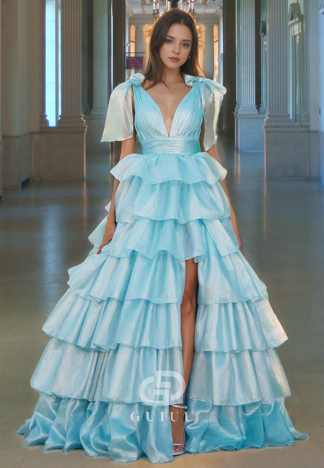 G4224 - Classic & Timeless Ballgown V-Neck Pleated Evening Gown Prom Dress with High Side Slit and Bows