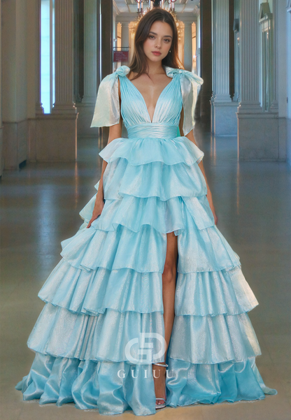 G4224 - Classic & Timeless Ballgown V-Neck Pleated Evening Gown Prom Dress with High Side Slit and Bows