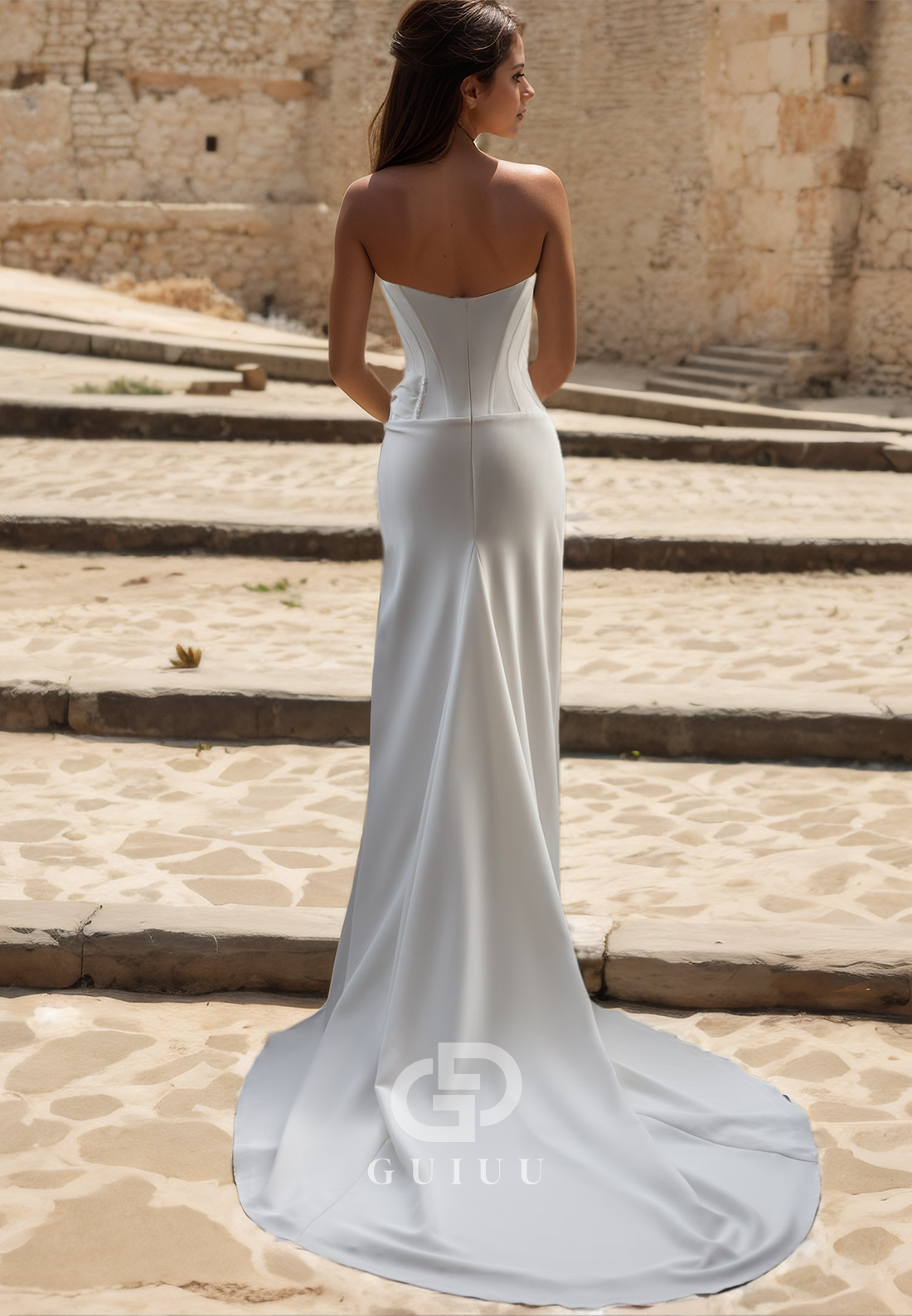 GW1016 - Sheath Strapless Sleeveless Pleated Stain Wedding Dress with Slit and Train