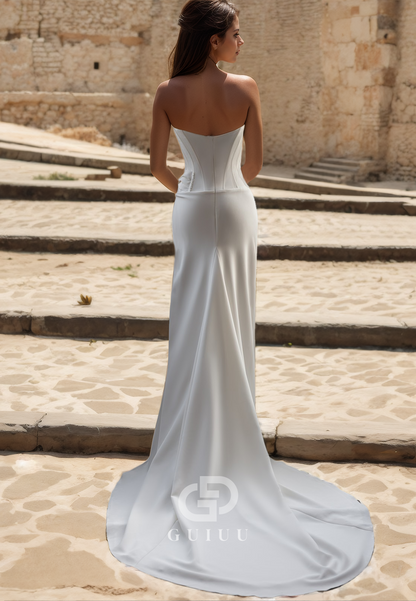 GW1016 - Sheath Strapless Sleeveless Pleated Stain Wedding Dress with Slit and Train