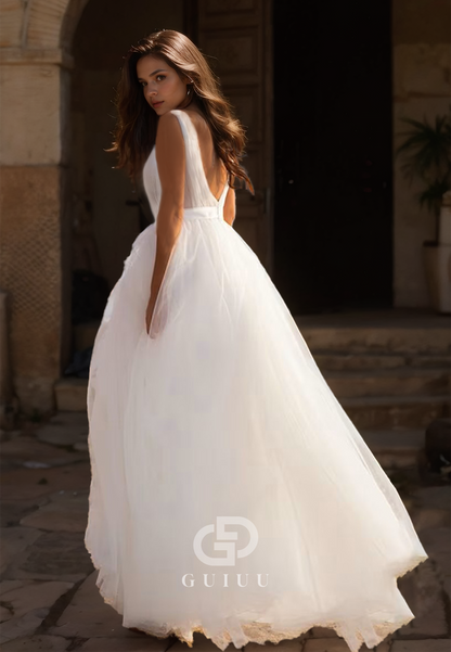 GW948 - A-Line Low V-Neck Tulle Elegant Wedding Dress Sweep Train