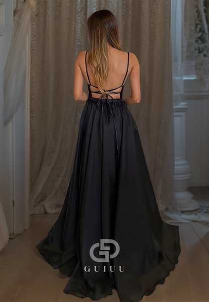 G2825 - A-Line Glitter V-Neck Two Piece Tulle Black Long Prom Evening Dress