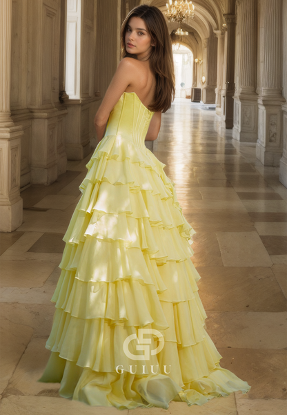 Elegant A-Line Strapless Sleeveless Prom Dress with Slit Ruffles Evening Party Dress