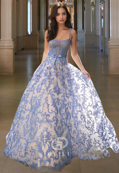 Chic Spaghetti Straps Square Prom Dress with Appliques Corset Tulle Evening Party Dress