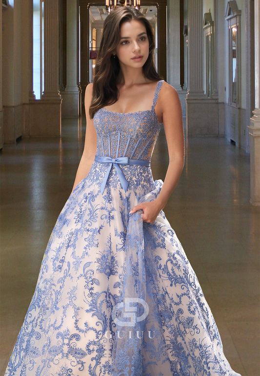 Chic Spaghetti Straps Square Prom Dress with Appliques Corset Tulle Evening Party Dress