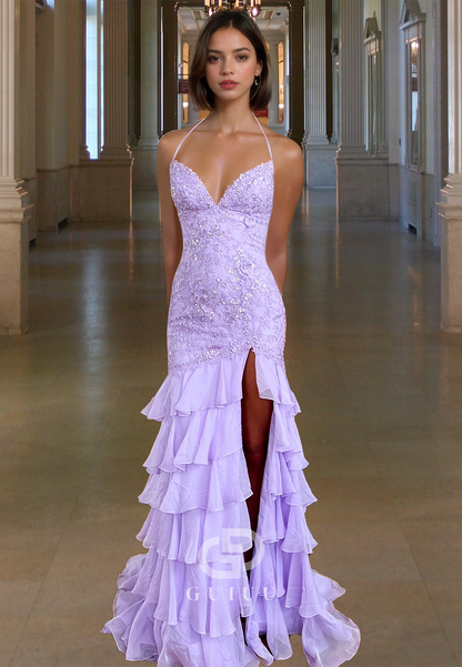 Lilac Spaghetti Straps V-Neck Prom Dress with Slit Ruffles Lace-Up Back Evening Party Dress