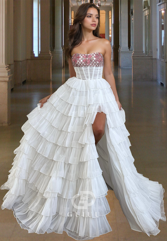 Strapless Sleeveless A-Line Prom Dress with Slit Ruffles Sequins Evening Party Dress