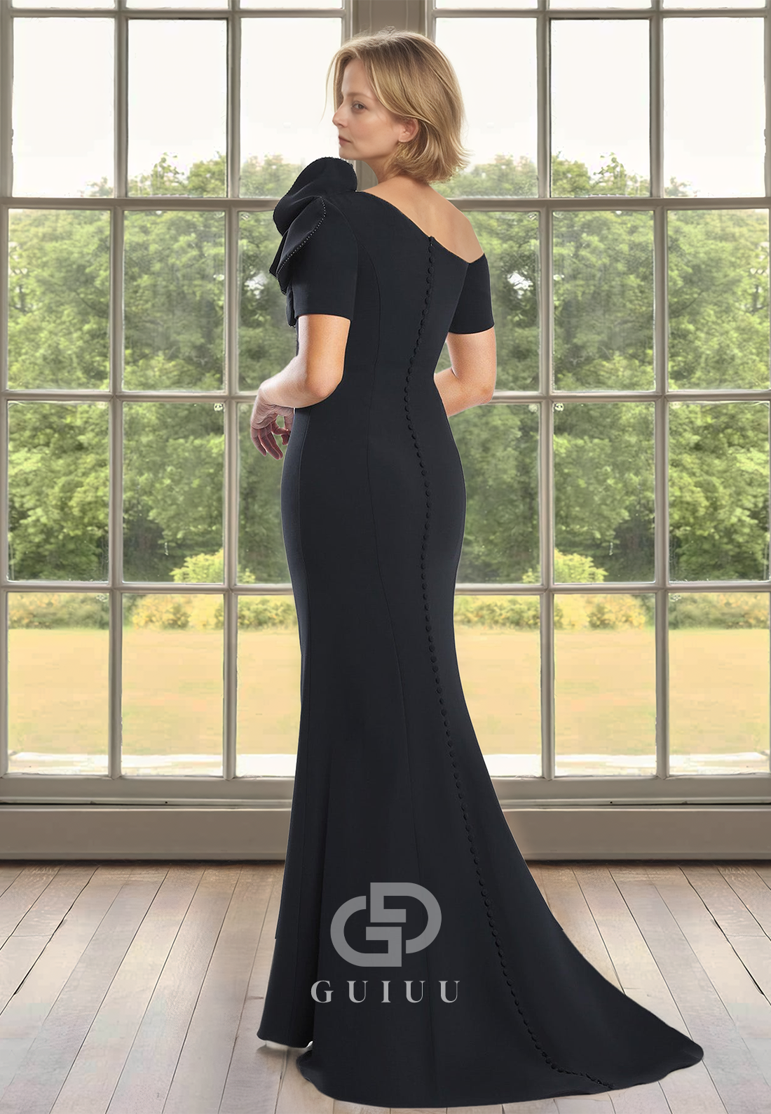 Sheath Short Sleeves Floral Appliques Floor-Length Ruched Satin Wedding Dress