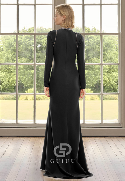 Black Scoop Long Sleeves Floor-Length Beads Satin Mother of the Bride Dress
