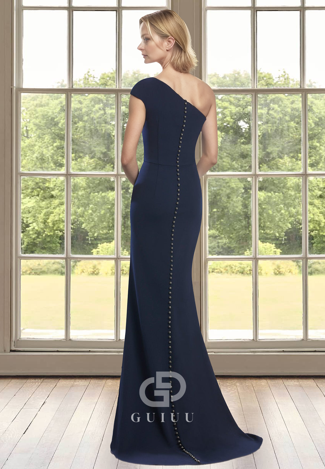 Sheath One Shoulder Sleeveless Empire-Waist Floor-Length Satin Mother of the Bride Dress