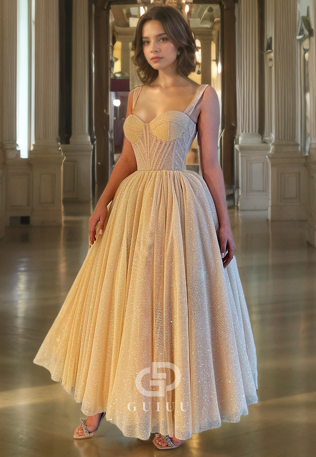 A-Line Strapless Straps Sleeveless Pleatedd Glitter Tulle Tea Length Prom Dress